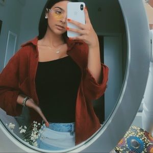 Corduroy Button Down Dark Red Mid Sleeve Top